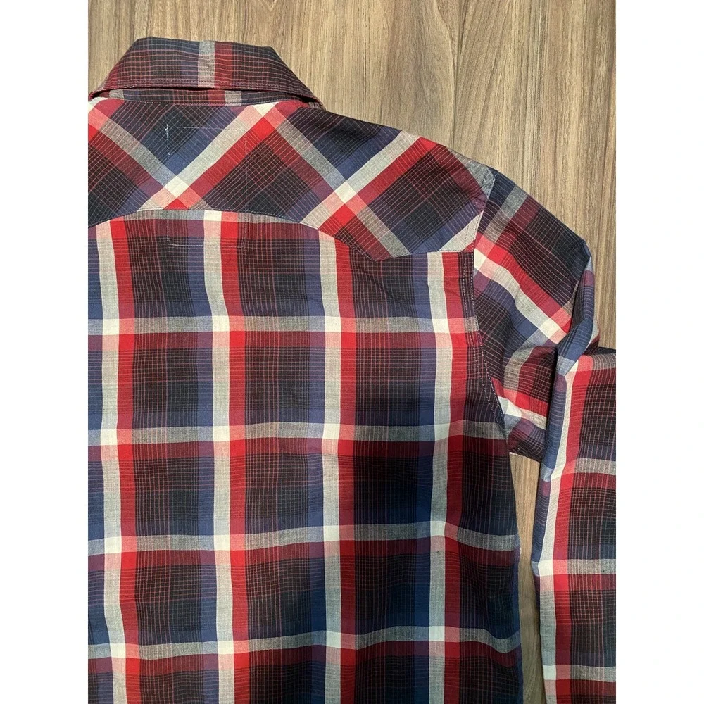 Levis Western Shirt Men M Red Blue White Plaid Snap Front Two Horse Brand Cowboy